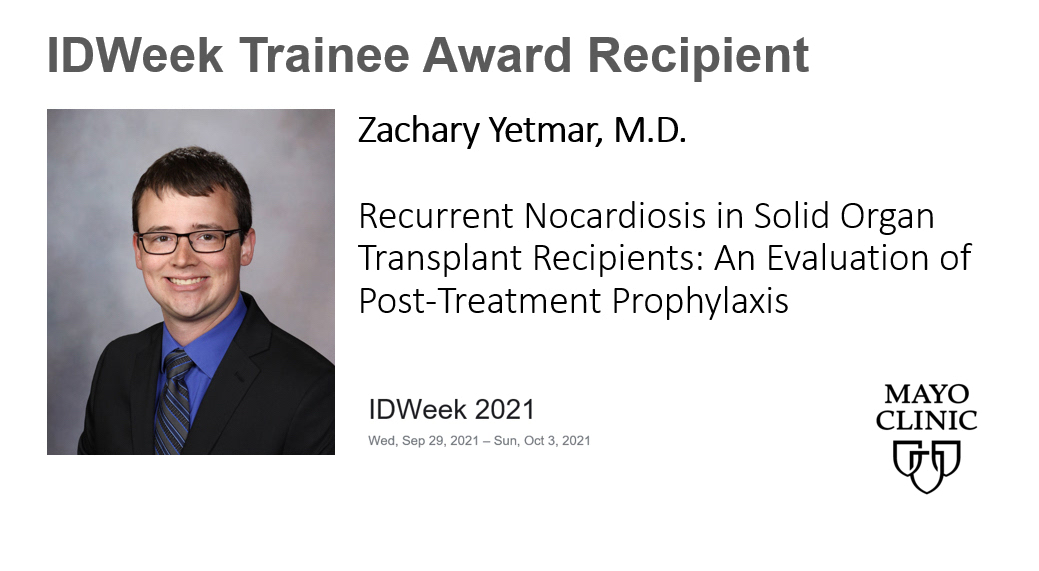 Mayo Clinic Infectious Diseases (@mayoclinicinfd) on Twitter photo #ScholarlySunday @IDWeek2021
108 #SOT patients completed treatment of #Nocardia infections
Post-treatment prophylaxis in 55 (51%) patients
Nocardia recurrence uncommon.
4 patients had Nocardia recurrence, 2 were receiving TMP-SMX prophylaxis at relapse.
<a href="/ZYetmar/">Zach Yetmar</a> <a href="/ElenaBeamMD/">Elena Beam</a> #ScholarlySunday @IDWeek2021
108 #SOT patients completed treatment of #Nocardia infections
Post-treatment prophylaxis in 55 (51%) patients
Nocardia recurrence uncommon.
4 patients had Nocardia recurrence, 2 were receiving TMP-SMX prophylaxis at relapse.
<a href="/ZYetmar/">Zach Yetmar</a> <a href="/ElenaBeamMD/">Elena Beam</a>