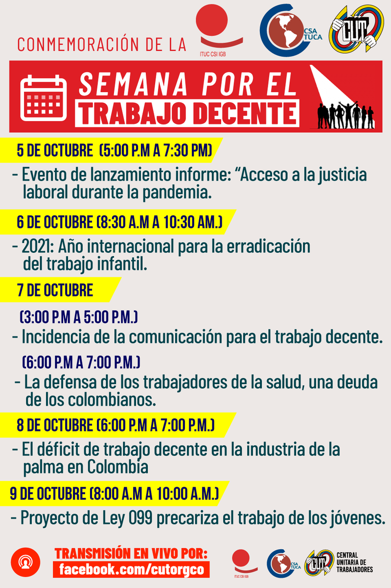 cutcolombia's tweet photo. #AgendaCUT 

@cutcolombia presenta la agenda a desarrollar durante la semana en el marco de la Jornada Mundial por el Trabajo Decente que promueven nuestras confederaciones @ituc a nivel mundial y  @CSA_TUCA a nivel continental.

🧵Abrimos hilo https://t.co/KF51mA2Wu2
