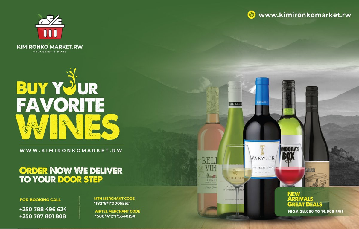 Shop the best quality wines, Our Catalogue comprises of classic wines that exudes elegance from the Vineyard Of South Africa                , 
#Buy now , we #Deliver to your #Doorstep

Order now on kimironkomarket.rw

Click here 👇🏽 
kimironkomarket.rw/product-catego…

#RwOT