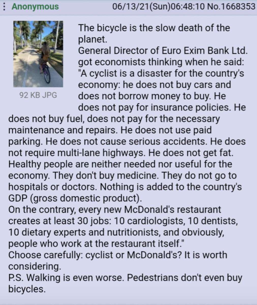 Banker discussing how if people bike more they will destroy the economy because they will not buy cars, not get in serious accidents and be fit &amp; healthy.

Who's bike pilled?