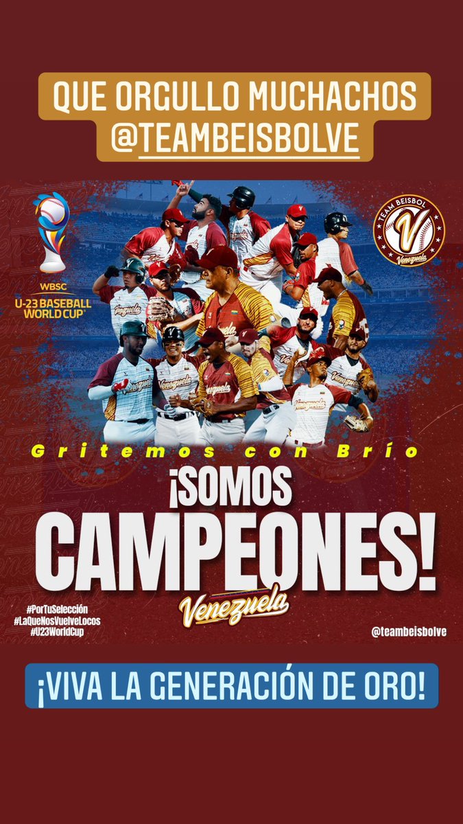 pinfantea's tweet photo. ¡Amanecemos con buenas noticias! 👏🏽🇻🇪🤩

Nuestros muchachos de la selección nacional de Béisbol ⚾️, ganan la final 4 a 0 a México y se coronan CAMPEONES en el Mundial de Béisbol U23. 

¡Felicidades! @TeamBeisbolVe 🎉🇻🇪👏🏽🥇🏆 @NicolasMaduro https://t.co/iIPBmUWDt4