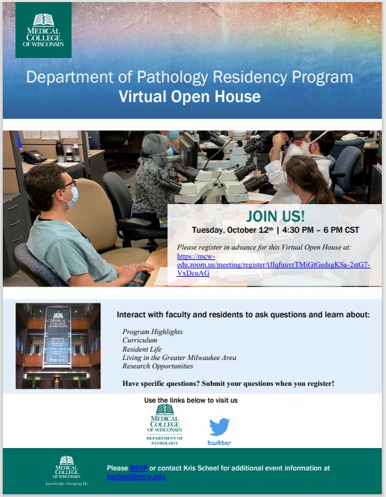 mcwpathology's tweet photo. Please join us for our virtual open house on Tuesday, October 12 from 4:30PM-6:00PM CST. Register for this event by using the link below: https://t.co/mEc56X2QE3 
#Match2022 #PathMatch22 #PathTwitter https://t.co/s4MJeklvzd