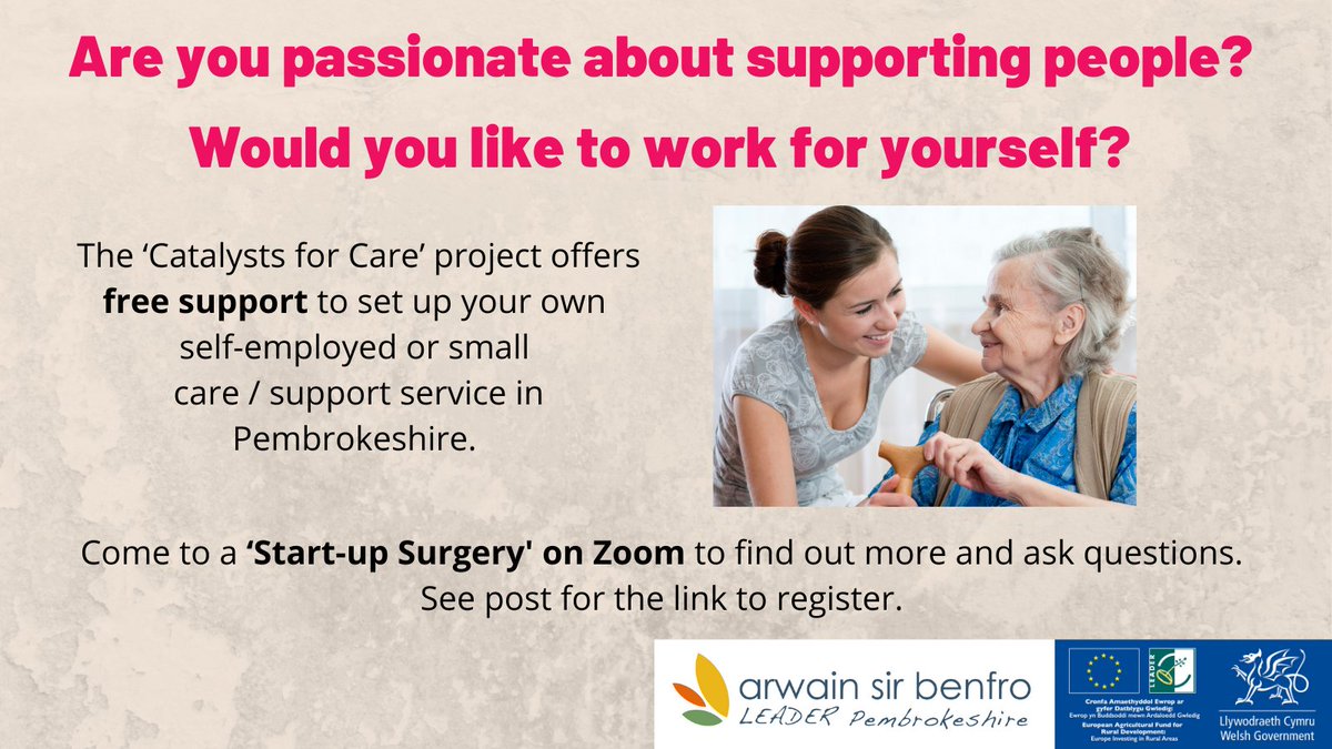 Start-up surgeries for people interested in setting up their own small, independent care / support service in #Pembrokeshire. 
Find out more, see the dates and register here: bit.ly/3gQK3dS