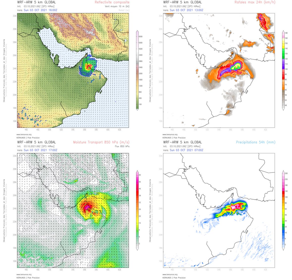 Le cyclone tropical #Shaheen (#Gulab) pourrait déverser + de 300 mm loc. sur les reliefs du nord d'#Oman. ARW 5 km suggère en effet une activité maximale au nord du minimum dépressionnaire, avec rafales > 140 km/h. 