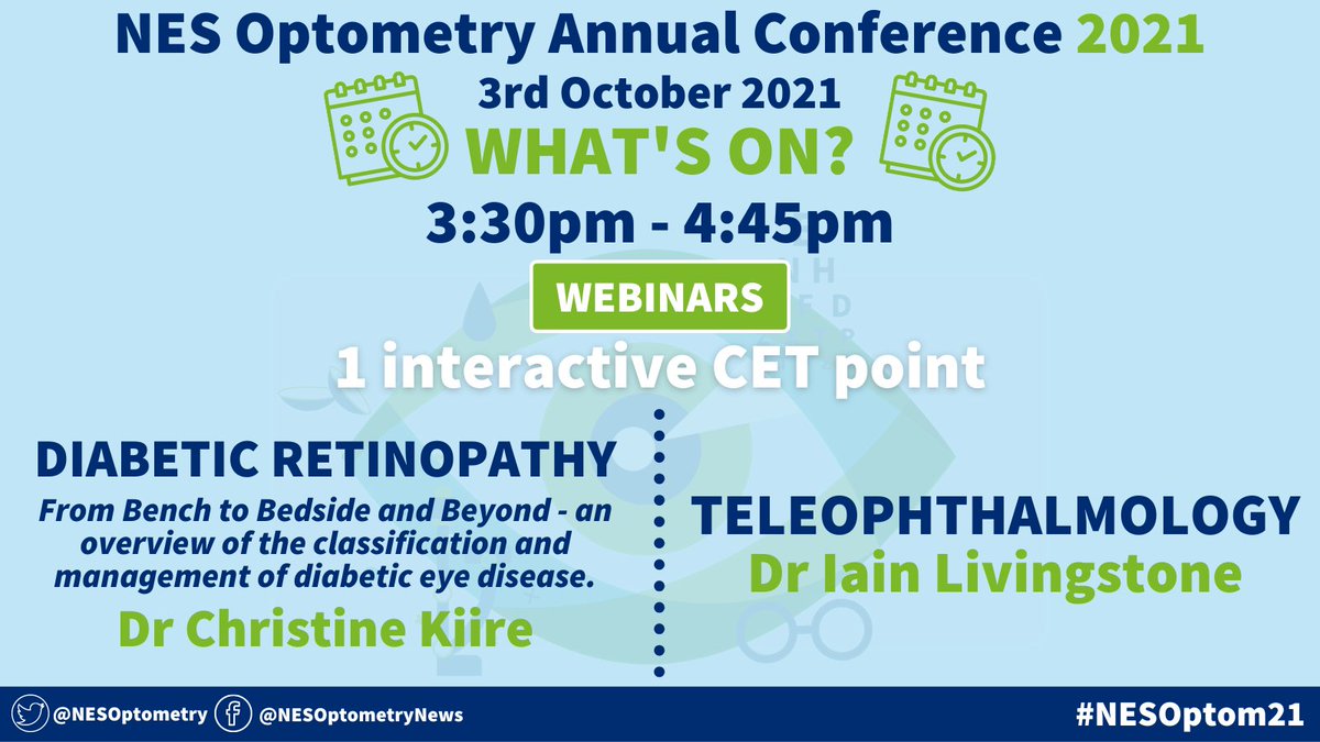 NESOptometry's tweet photo. Coming up at 3:30pm are our last webinars of the day. We have "Diabetic Retinopathy" by Dr Christine Kiire and "Teleophthalmology" by Dr Iain Livingstone. Another two very interesting topics to learn more about. #NESOptom21 https://t.co/yfwrATwjHq
