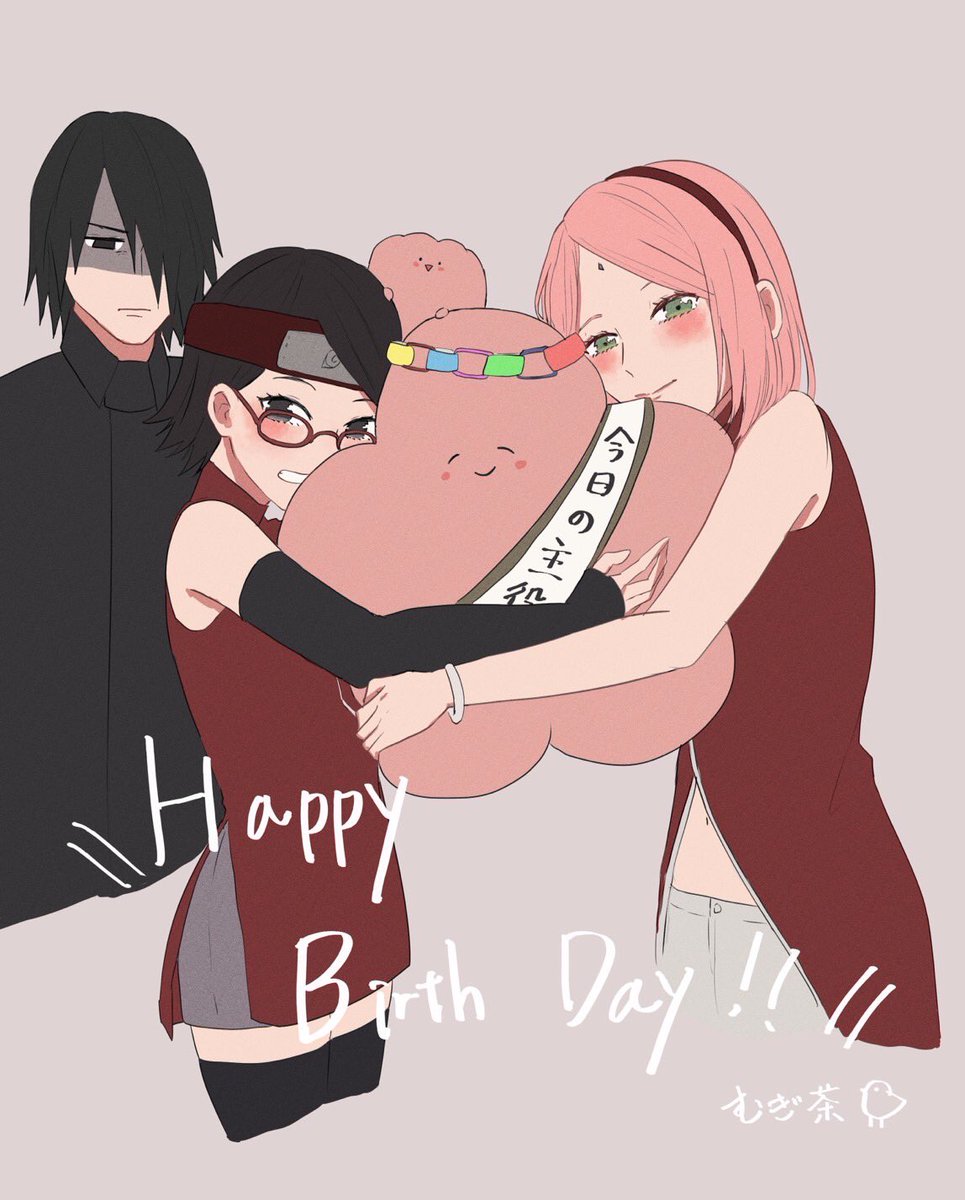 haruno sakura ,uchiha sasuke 2girls multiple girls happy birthday 1boy black hair pink hair glasses  illustration images