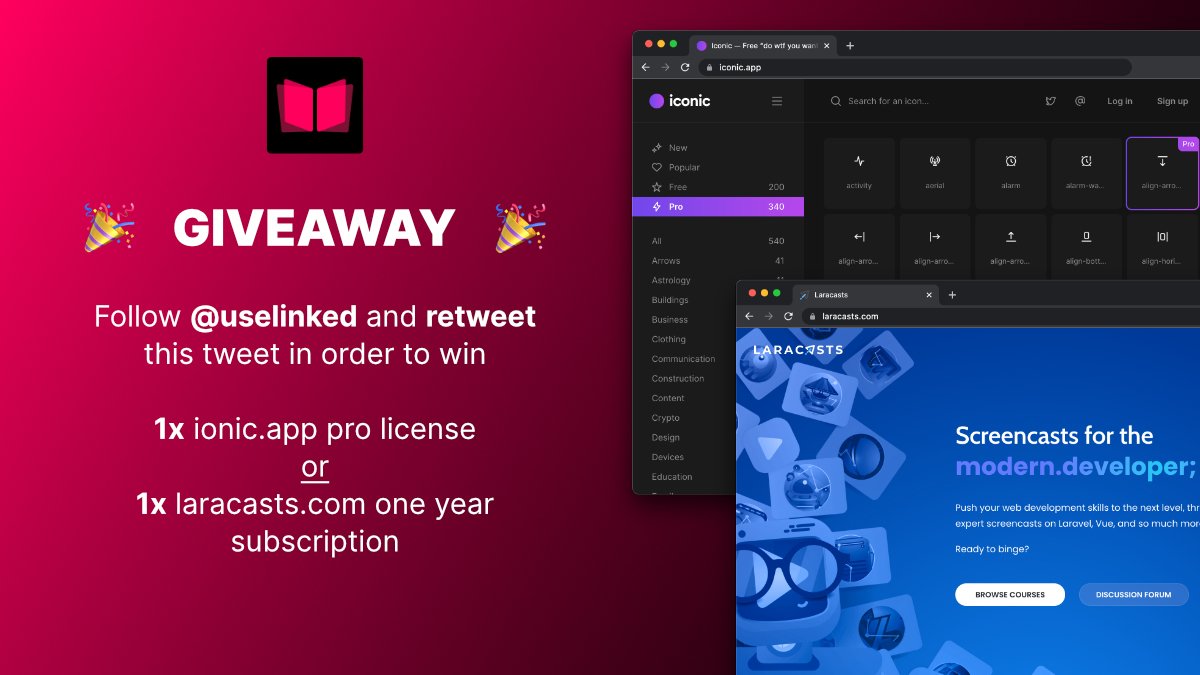 🎁✨ GIVEAWAY TIME You can win a one year @laracasts subscription or an @theiconicapp pro license both valued at $99! - follow @uselinked - retweet this tweet Winners will be drafted 13th of october at 12pm GMT+1. Good luck everyone!