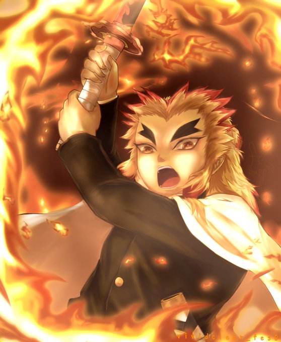 絵透 マツリさんがTwitterに投稿した煉獄杏寿郎(鬼滅の刃)のイラスト。