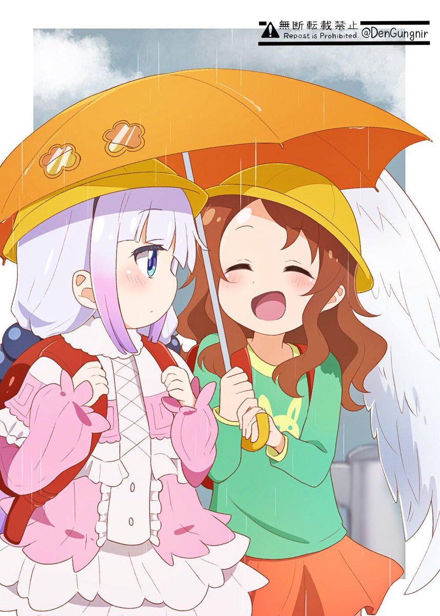 kanna kamui multiple girls 2girls umbrella shared umbrella backpack brown hair rain  illustration images