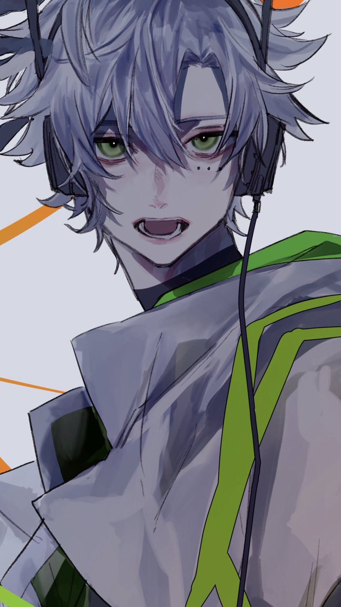 1boy male focus solo green eyes open mouth headphones looking at viewer  illustration images