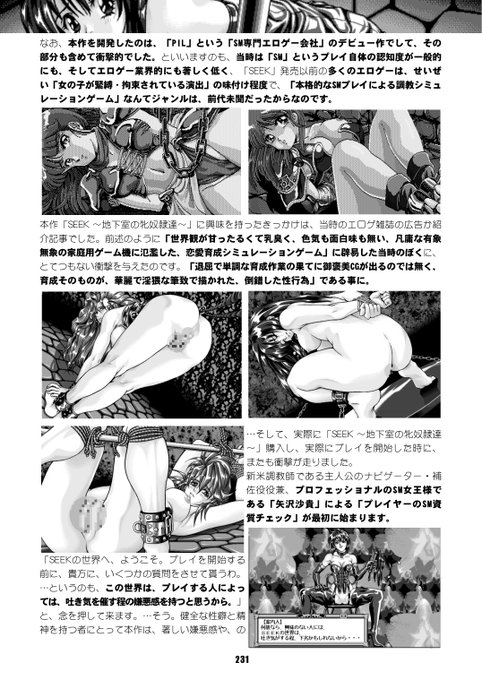 世界初の「SM専門・調教エロゲー」の金字塔である「SEEK ～地下室の牝奴隷達」。攻略の御褒美にHシーンが拝めるのではなく、「様々なエロプレイで調教・育成していく」斬新さに心打たれ、ぼく一時期、SMマニアになった程です。今、リマスター版が出ているので、買うべし! 