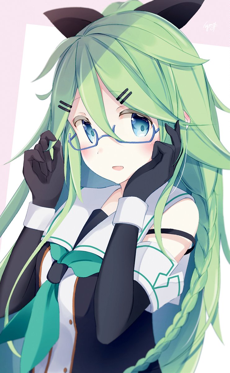 yamakaze (kancolle) 1girl solo long hair glasses gloves green hair green neckerchief  illustration images