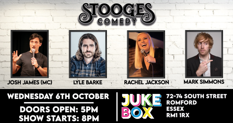 GREAT COMEDY, FABULOUS FOOD DRINK &amp; AFTER PARTY!
<a href="/stoogesgroup/">Stooges Group</a> <a href="/JukeboxLdn/">Jukebox Ldn</a> #Romford Wed 6th Oct 8pm

🤣 Line-Up
Mark Simmons
<a href="/r_jacz/">Rachel Jackson</a> jokepit.com/fanpage/rachel…
@lylebarkecomedy
Josh James 

🔥TICKETS🎟
jokepit.com/comedy-in/romf…
FIND THE BEST ⭐️ ⭐️ ⭐️ ⭐️ ⭐️ COMEDY ON #JOKEPIT