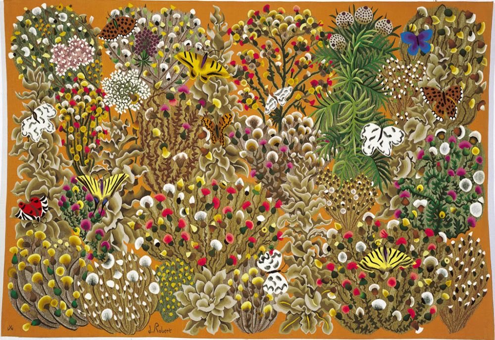 What amazing work.  These are Tapestries by Dom Robert (1907-97).  Real name Guy de Chaunac-Lanzac a Benedictine Monk  at the Abbaye d’En Calcat.  Influenced by Jean Lurcat French artist and weaver.   It’s an interesting story to read if you look him up