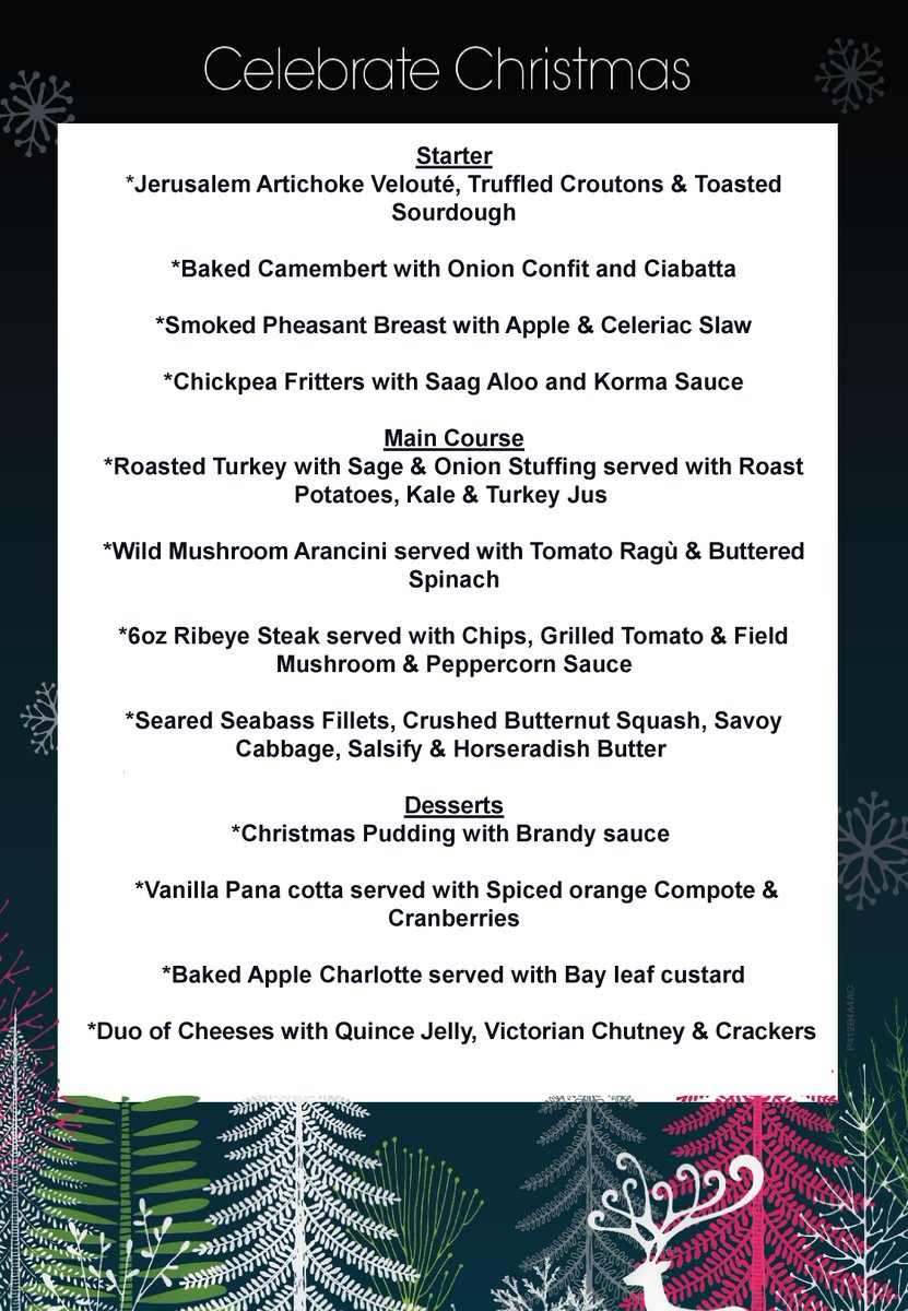 Have you booked your christmas meal? 
.
*£28.00pp  for three courses 
*£23.00 for two courses 
.
 (£10 deposit required) 
.
Chaddleworth Pensioner? Receive10% Pensioners discount