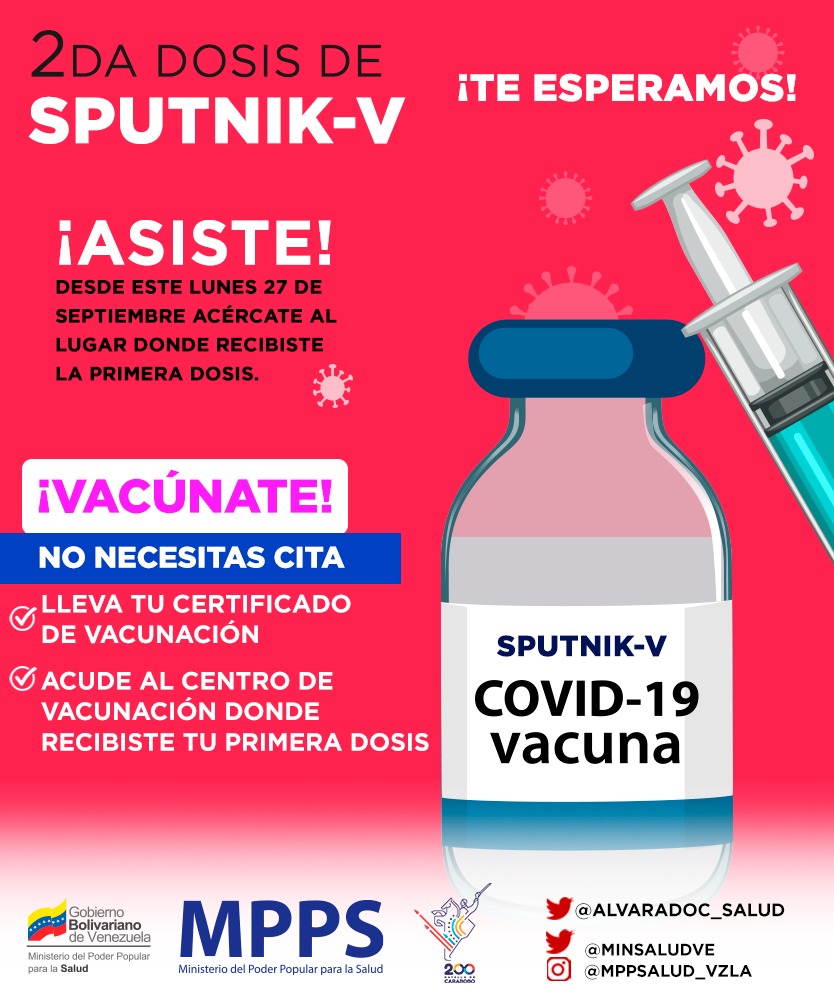 #3Oct |🇻🇪📢 ¡ETIQUETA DEL DÍA! ▶️ #VacúnateSinCita ¡Segunda dosis de Sputnik!