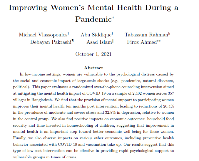 Paper on #Mentalhealth: we provided women in rural Bangladesh a brief, light-touch, low-cost telecounselling intervention during the pandemic, followed them 10-months later. (W/@mvlass @absidd @TabassumRahma20 @FirozAhmed_BD @DebPakrashi)
#MentalHealthMatters @MH_Econ #COVID19
