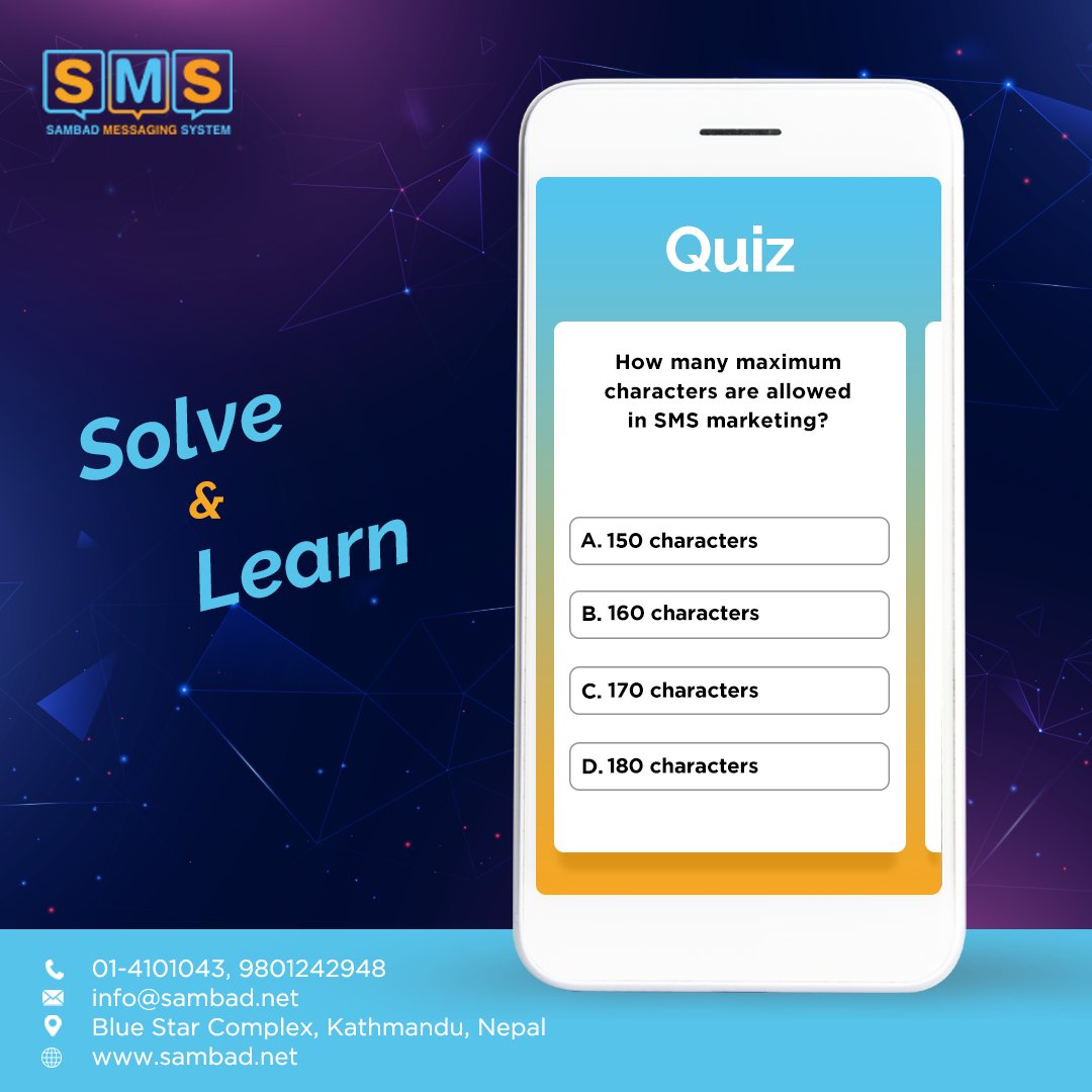 sambad_sms's tweet image. Quiz Time 

How many maximum characters are allowed in SMS marketing?

Answer in the Comment 

#quiz #quizstime #sms #bulksms