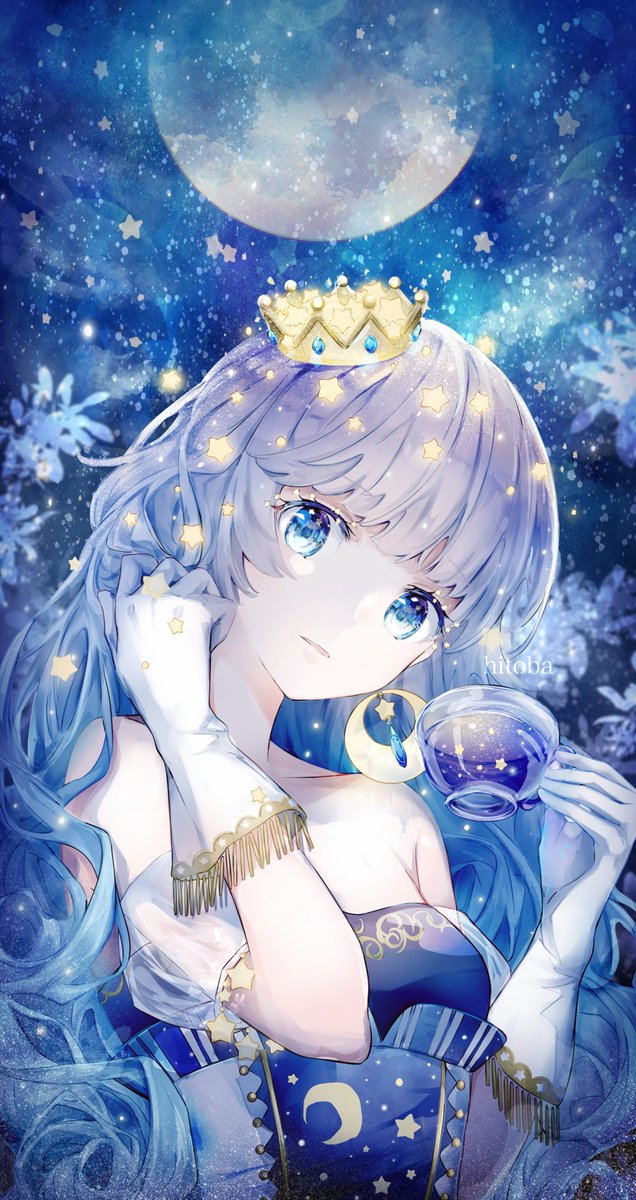 1girl solo gloves blue eyes cup crown white gloves  illustration images