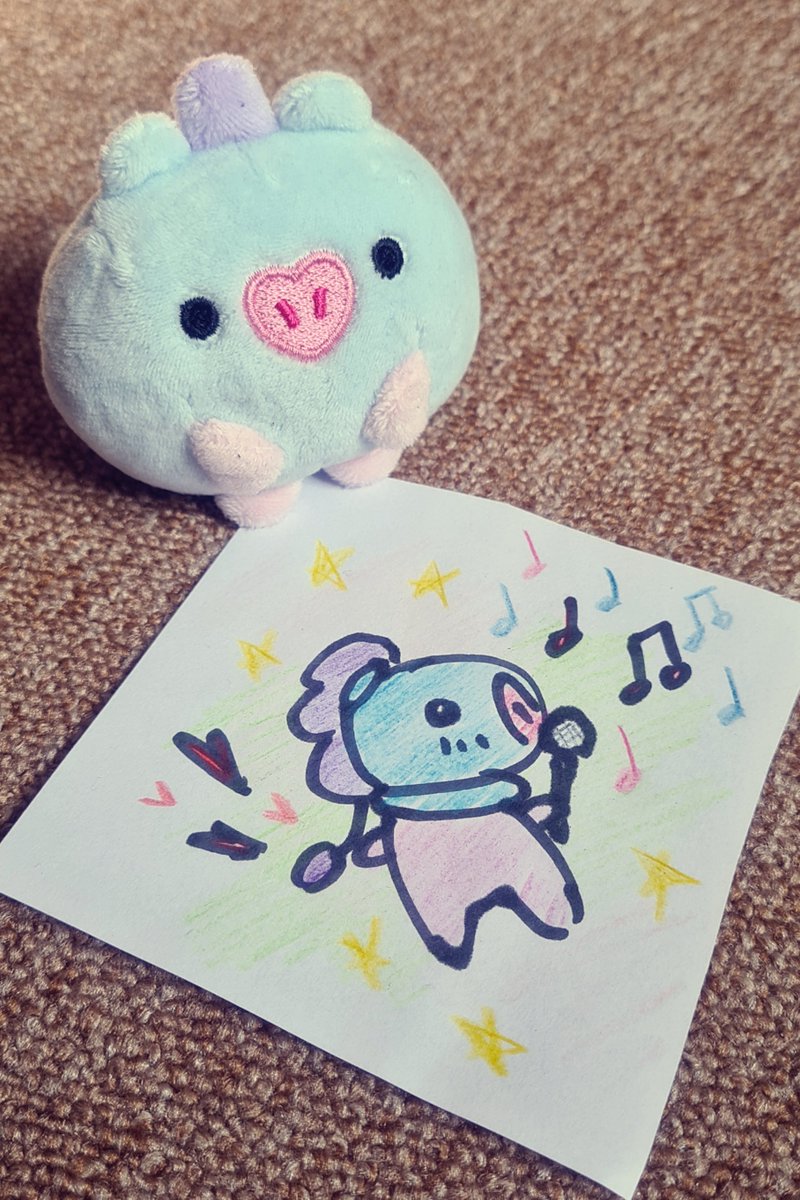 PongPongMang's tweet photo. Mangie watched TXT's online concert earlier and suddenly got super excited for Bangtannies' show in three weeks! Mangie wants to sing with them so this is what Mangie drew for the third day of #Mangtober! ( ^ ♡ ^ )💜🎤🎶 https://t.co/BseortTEop