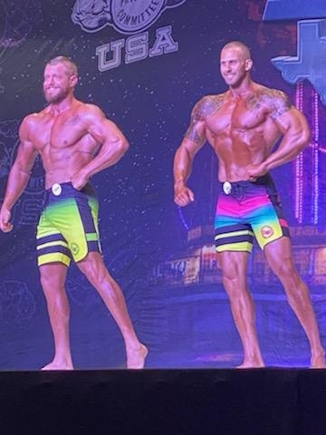 darinstarr's tweet photo. Big congrats to my client Jeff (green/yellow fade trunks) for a great showing yesterday in a huge show in Houston - 3rd in open (and an NQ spot) and 4th in a huge novice class.  Now it's growin' time. #bodybuilding #npc #npctexas https://t.co/S7drBMkwJ9