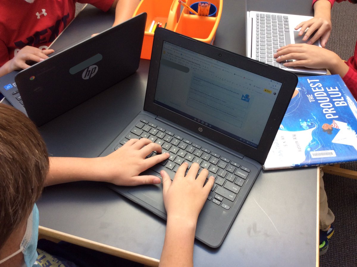 After a read aloud of “The Proudest Blue”, 5th grdrs are having conversations, adding their reader responses to slides about the story and about their connections to identity. This book is on our district’s “Reading Rocks” booklist this year! <a href="/AmbroseSchool/">Ambrose School</a>