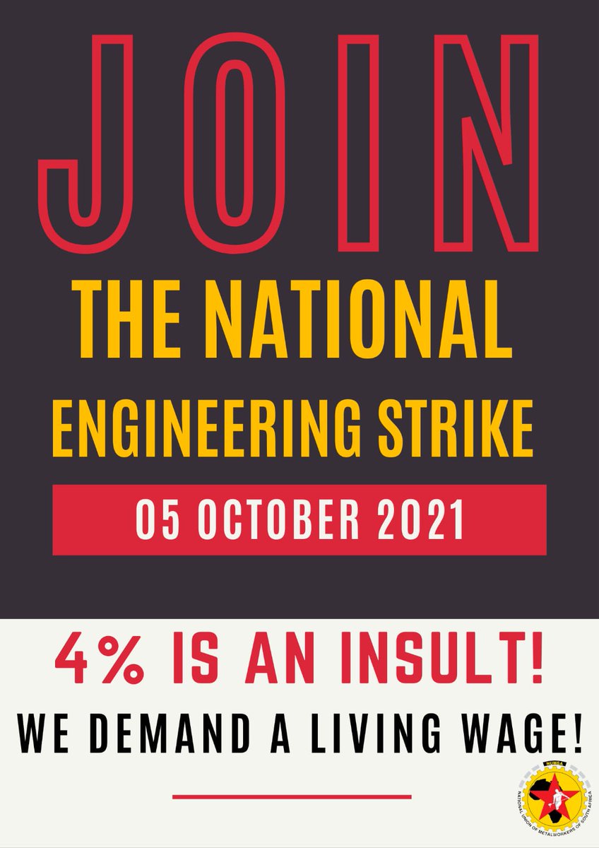 SAFTU_media's tweet photo. A total SHUTDOWN in the Engineering sector is looming because of the #NationalEngineeringStrike! We reject exploitation by the bosses! We demand a #LivingWageToday 
We demand #Eightpercent 
#Asijiki
#InsimbiAyigobi
@Numsa_Media https://t.co/qzkEAy7onJ