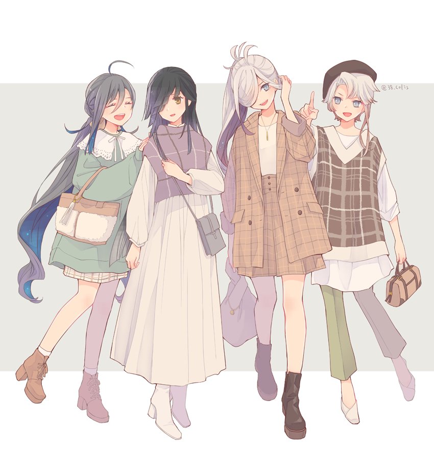 asashimo (kancolle) ,hayashimo (kancolle) ,kiyoshimo (kancolle) multiple girls hair over one eye grey hair bag asymmetrical hair long hair 4girls  illustration images