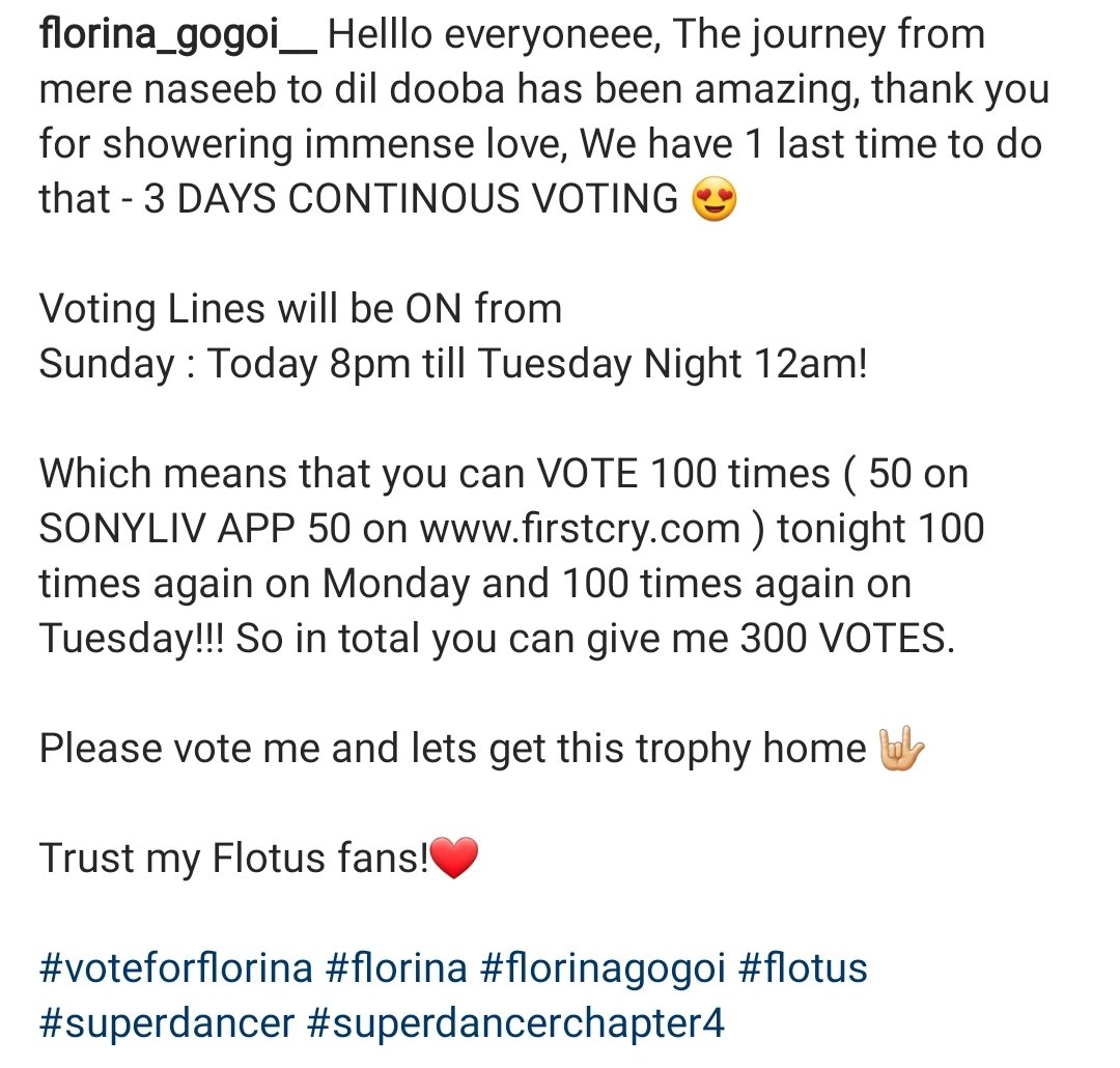 tusharxlife's tweet photo. A message from the queen herself through her instagram handle. Let's do this for one last time! 
#VoteforFlorina https://t.co/gexR7A6b8F