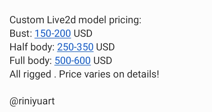 riniyuart's tweet photo. I am rigging the models too! Rigging included!!
-$50 on any purchase!!
#sales #anime #Vtuber #VTuberEN #vtubermodel #Live2D #Live2dCommissions #live2dmodel #sales #commissions #cute #kawaii #commissions #commissionsopen https://t.co/b5rv2PeWbP