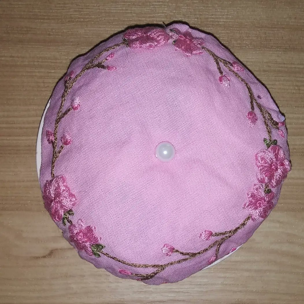 I made this yesterday - pincushion with cherry blossom embroidery, stuffed with cotton and a scrubbing pad to keep the pins sharp. the pattern came from cheezedal_embroidery (check out her YouTube channel for fun projects) 
#shescrafty