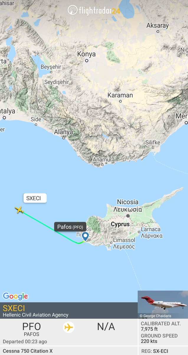 landingsgr's tweet photo. #Breaking: #HellenicCAA (#ΥΠΑ) @Cessna #C750 #CitationX SX-ECI is now returning to @ATH_airport after the nose gear collapse incident at #Paphos 🇨🇾 #LCPH #PFO on 3/7. From @flightradar24 live speed &amp; altitude data it appears that is coming (unpressurized?) with landing gear down! https://t.co/jQ4eHe9OTl