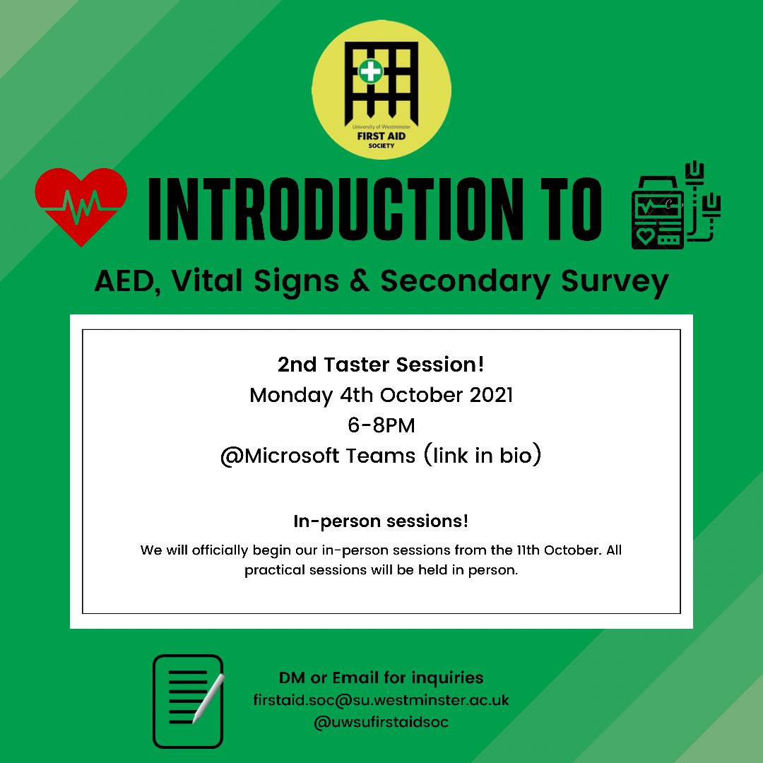 Our 2nd taster session

We’ll go over how and when to use an Automated external defibrillator (AED). Also how to take casualties vitals and conduct a secondary survey. 

We’ll be starting our in-person sessions from the 11th October.

Hope to see you there! 
#sjastudents