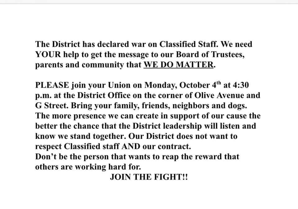 Support CSEA 252 classified staff workers tomorrow, as they demonstrate against unsafe and unfair working conditions.

October 4, 4:30 PM
Olive Ave &amp; G St