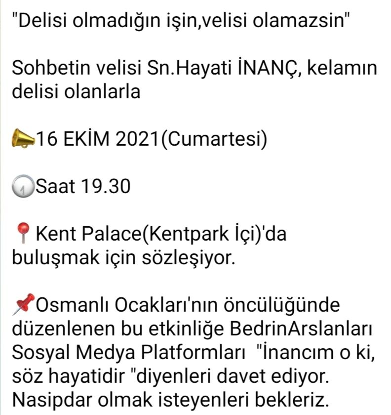 📌Osmanlı Ocakları Eskişehir İl Başkanlığı'nın düzenlediği programda, Sohbetlerin Ustası @hayatiinanc hocamızı ağırlıyoruz. 📌16 Ekim Saat 19:30 📌BedrinArslanları (BASMEP) olarak sporsor olduğumuz bu programa sizleri de davet ediyoruz. t.me/BedrinAslanlari