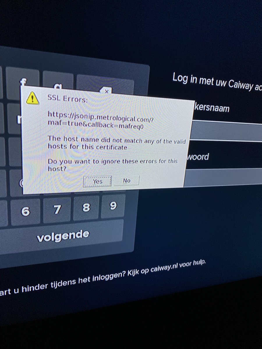 Patrickvdstok's tweet photo. @Caiway mijn interactieve tv doet het niet en ik krijg alleen maar ssl errors stroom eraf en er weer op maakt niet uit en yes of no ook niet moet ook ineens inloggen en dat werkt ook niet graag een oplossing https://t.co/mUYfotWU7a