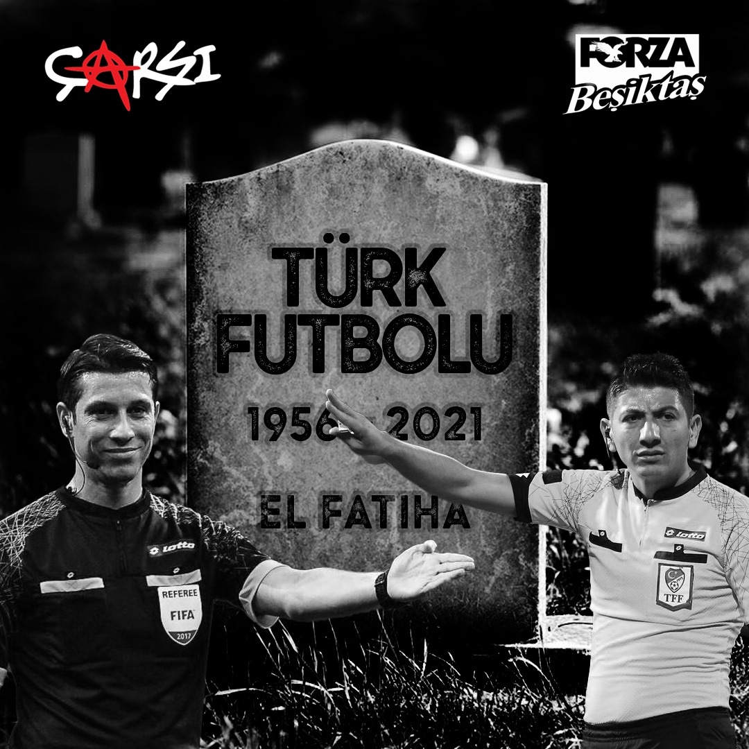 Aynı gün oynanan Fenerbahçe ve Galatasaray maçlarındaki hakem tutum ve kararlarıyla; Beşiktaşımızın maçlarında gösterdiğiniz rakip stoper performansını görüyoruz, niyetinizi biliyoruz.
Türk futbolunu bugün de Kadıköy'de vurup Rize'de öldürdünüz,
Ruhuna el FATİH'a <a href="/TFF_Org/">TFF</a>