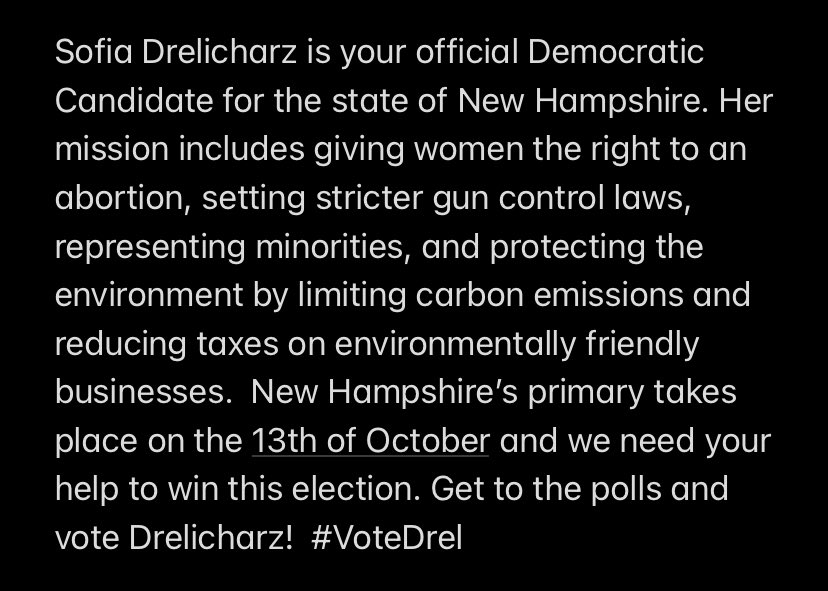 official statement from Sofia Drelicharz’s congressional campaign