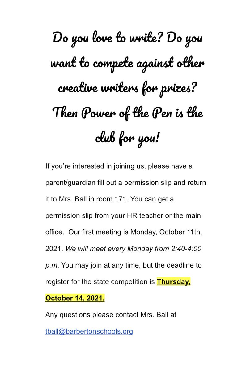 Love to write? 🖊 Power of the Pen Writing Competition! First meeting is 10/11/21. Must return a permission slip!