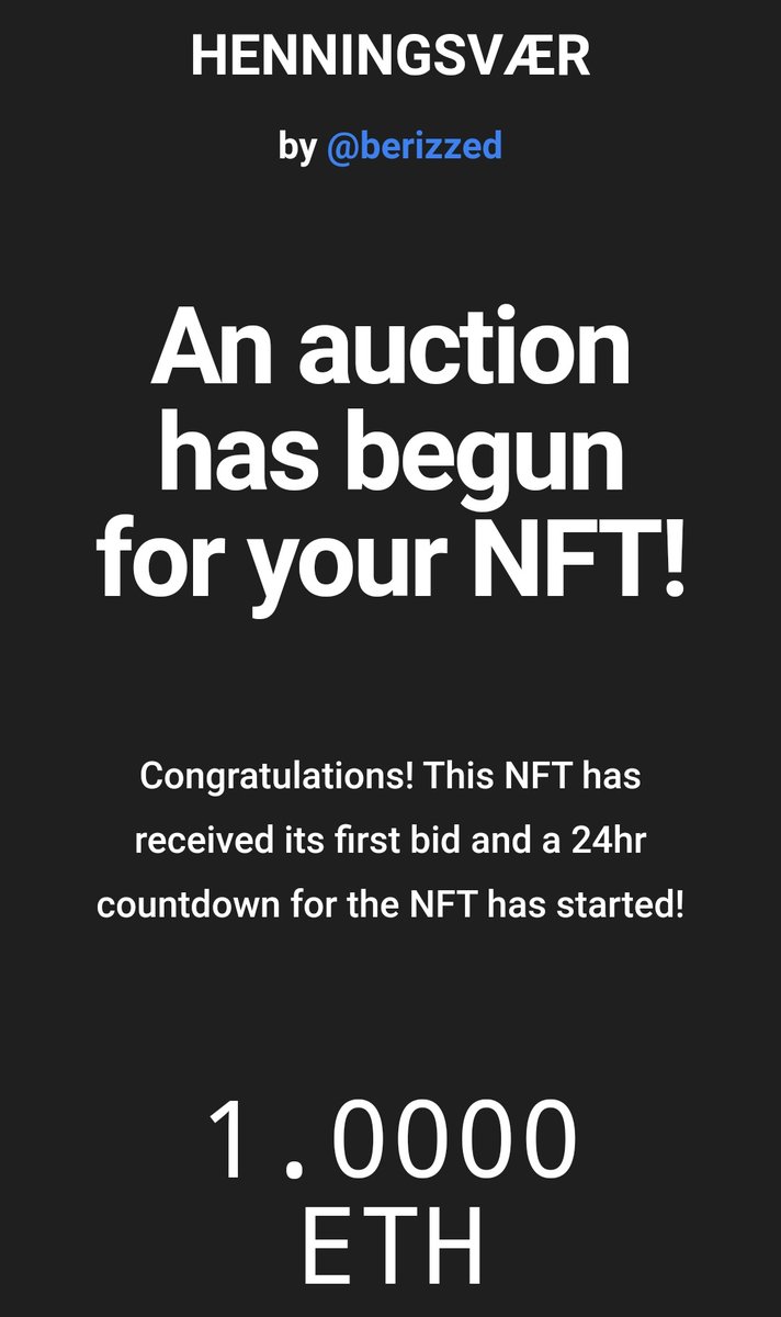 berizzed's tweet photo. Woah 🤯
Finally the most awaited email came from @withFND : 'An auction has begun for your NFT' ❤️😍

Thanks @shibe75 for placing the bid on 'HENNINGSVÆR' ❤️
Thanks for your Support and believing in my work 😍

https://t.co/xIlmPLcUgJ

#withFND #NFTCommunity https://t.co/nTtCaJoFxG