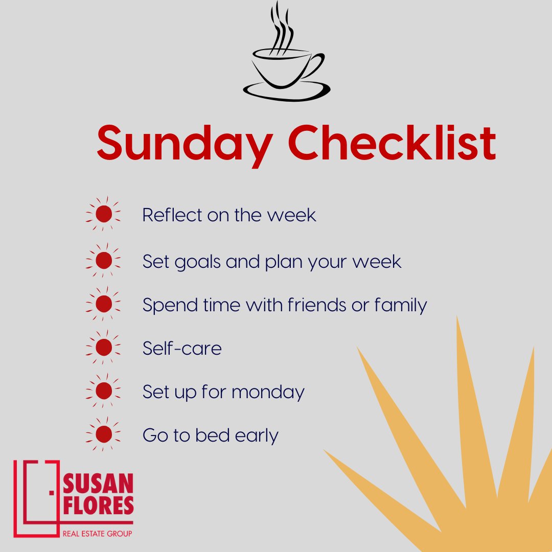 realtor_susanf's tweet image. Good Morning! Sunday is a great opportunity to take time to reflect on the coming week. Have an amazing day and productive week🌞☕

#sundaychecklist #susanfloresrealtor