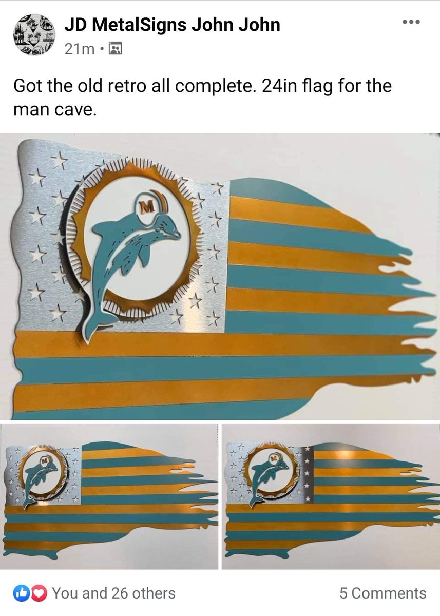 Another great work from JD MetalSigns. Check him out on Facebook (no Twitter profile). Great price, multiple size options, excellent workmanship and fast delivery. He will customize anything, even non-sports related things. #FinsUp