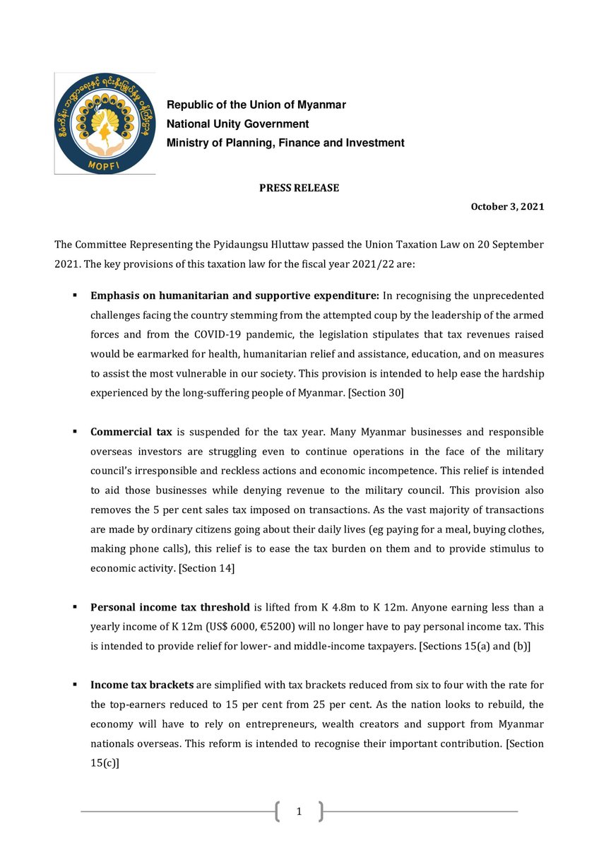 NUGMyanmar's tweet photo. Press Release on Key provisions of the Union Taxation Law by #MoPFI, #NUG for the fiscal year 2021/2022
- Tax revenue earmarked for #health, #humanitarianassistance &amp; #education to help ease the hardship
- tax can be paid via https://t.co/ga2skKkaTx 
Read details in pictures; https://t.co/N1VfOXaztz