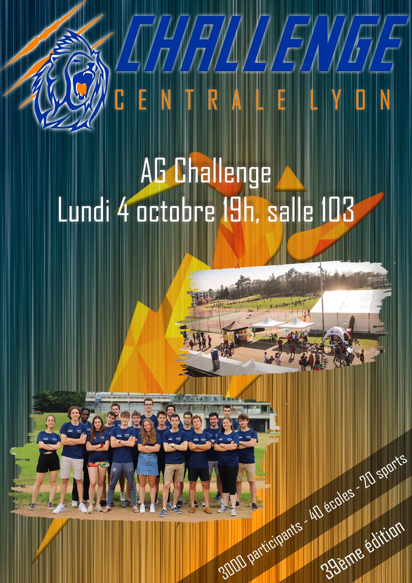 Rendez-vous demain pour l’AG de présentation du Challenge.
Au programme, présentation de l’asso, de l’événement et des postes de chaque personne. 
Viens nous rejoindre en salle 103 à 19h.
