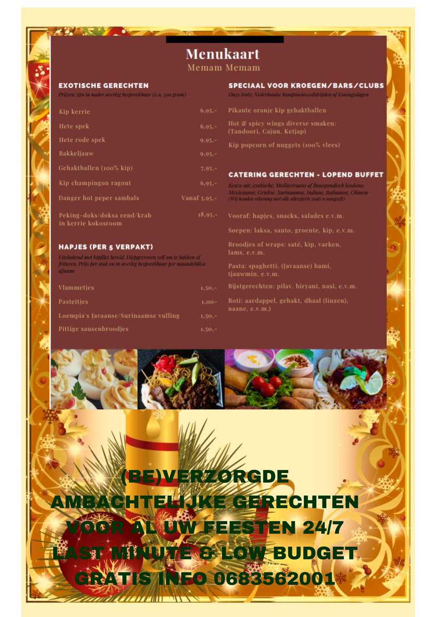 Hete of Kerrie Kip +/- 10 Broodjes voor 6.95 
Diverse Canapés vanaf 0.30 cent.
VOL=VOL Reserveer tijdig! Gratis bezorging