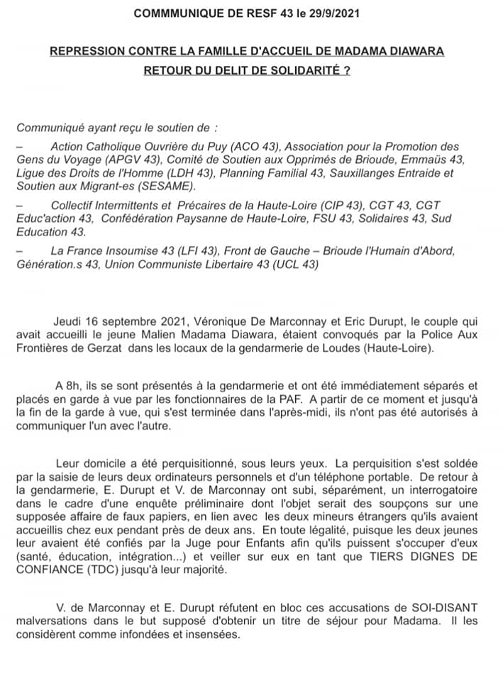RESF_43's tweet photo. repression contre la famille d'accueil de #Madama Retour du délit de solidarité ? @FranceInsoumise @EMMAUSolidarite @LDH_Fr @Resf63 @LaCimade63 @GenerationsMvt @MigrantChapelle @CgtTuifrance @UnionSolidaires @SUD_education @ConfPaysanne @legisti @UCL_Lyon @FDG @UnionCoLib https://t.co/EaKtU72gGy