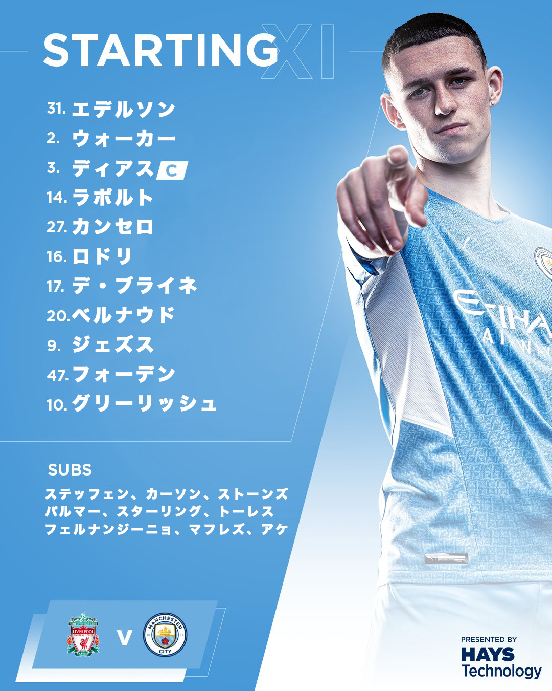 Manchester City スタメン発表 リヴァプール戦の11人です 今日のスタメンは 試合の展開予想は 等々 シティサポの声 で教えてください Mancity T Co Oqochsuimi Twitter