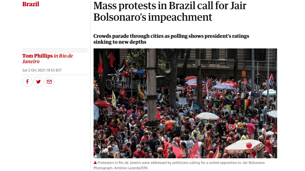 direitasiqueira's tweet photo. HAHAHA!!! É O BRASIL MAIS UMA VEZ NA CAPA DO THE GUARDIAN!!! 🇬🇧 

MEU SOBRINHO FALOU QUE "MASS PROTESTS IN BRAZIL CALL FOR JAIR BOLSONARO'S IMPEACHMENT" SIGNIFICA "PROTESTOS EM MASSA NO BRASIL PEDEM O IMPEACHMENT DE DILMA ROUSEFF"!!! 

CHORA MAIS, ESQUERDA!!! 😎👉👉 https://t.co/XJhDbVYEpN