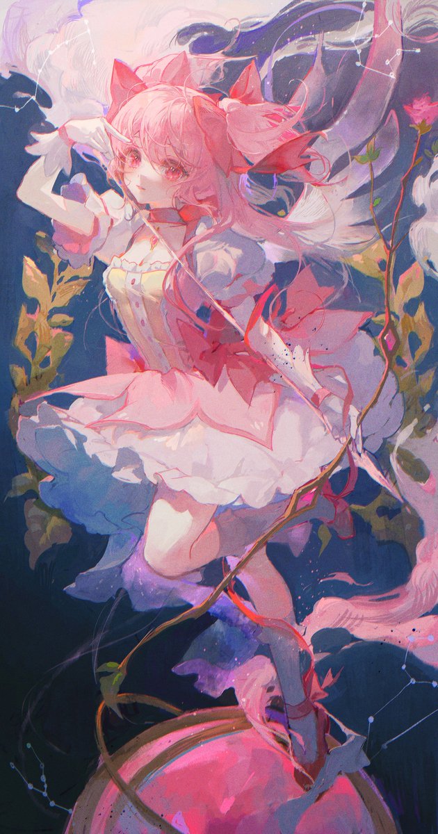kaname madoka 1girl pink hair solo gloves bow (weapon) pink eyes weapon  illustration images