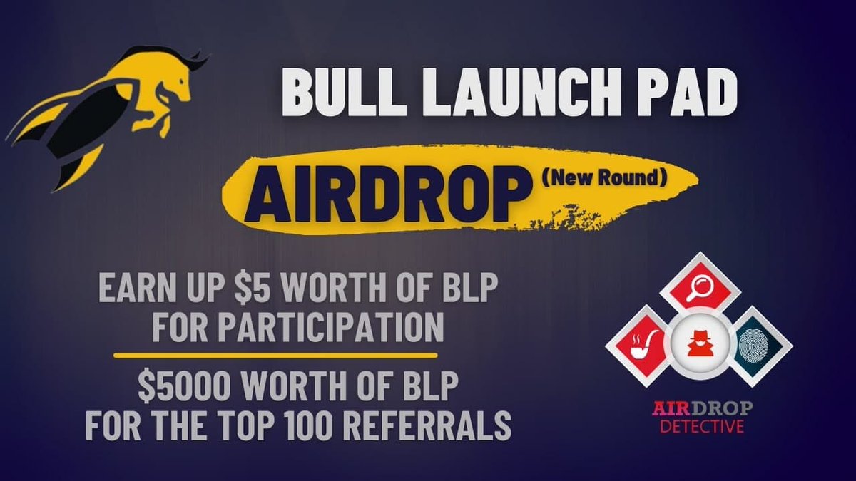 🔍New #Airdrop: BullLaunchPad

💲 Reward: Up to $5 worth of BLP + $5K worth of BLP referral pool

🔴 Start the airdrop bot: t.me/BullLaunchPadA…

🔘Do the tasks on the bot &amp; submit your data.

🔘Details: youtu.be/9pzG0dT2R0Q

#Airdrops #Bitcoin #AirdropD #BullLaunchPad #BSC